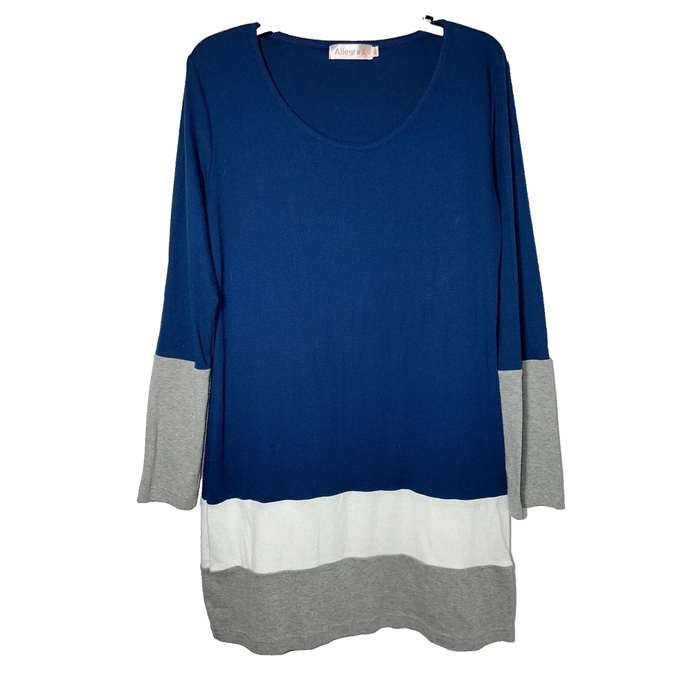 Allegra K Sweater‎ Dress XL Blue Grey White Long Sleeve Bodycon Scoop Neck Women